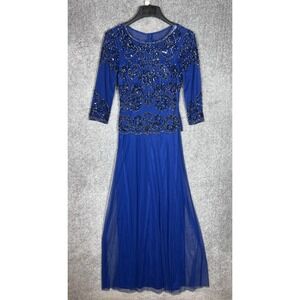 Oleg Cassini Beaded Sequin‎ Mesh Maxi Dress Womens Size 2 Blue Formal Wedding
